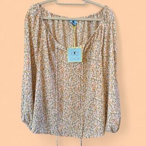 CeCe Women's Flowy Lightweight NWT Floral Print Summery Split Sleeve Blouse XL